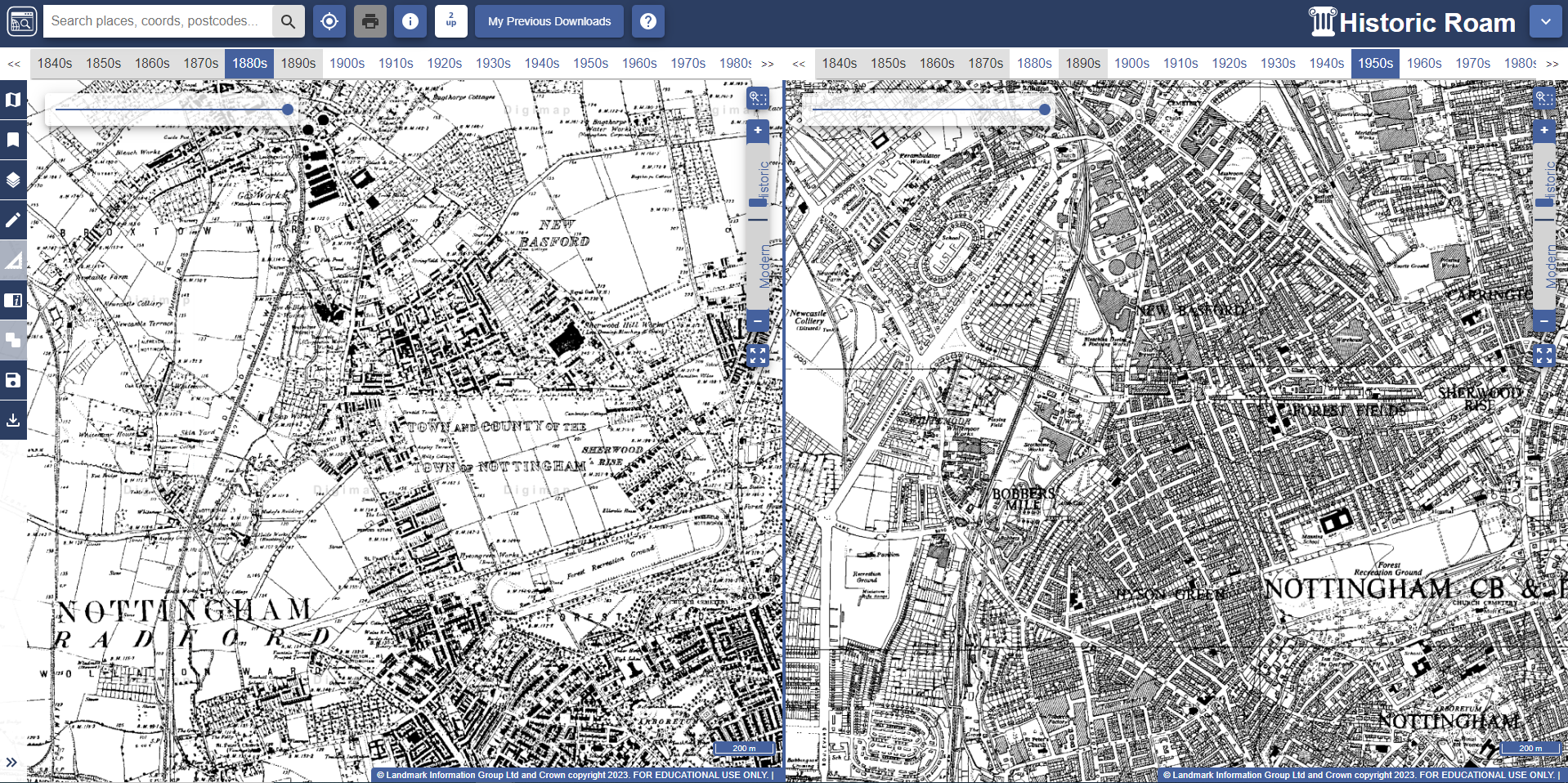 Comparing maps of Nottingham with 2up