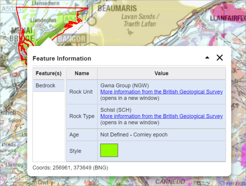 feature information box from Geology Digimap