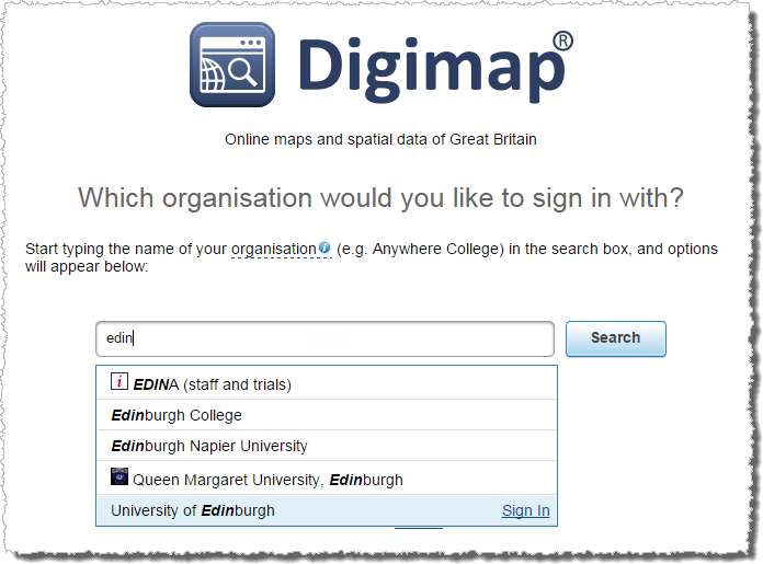 Digimap login institution selection