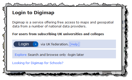 Screenshot of the Digimap page showing the UK federation login dialogue