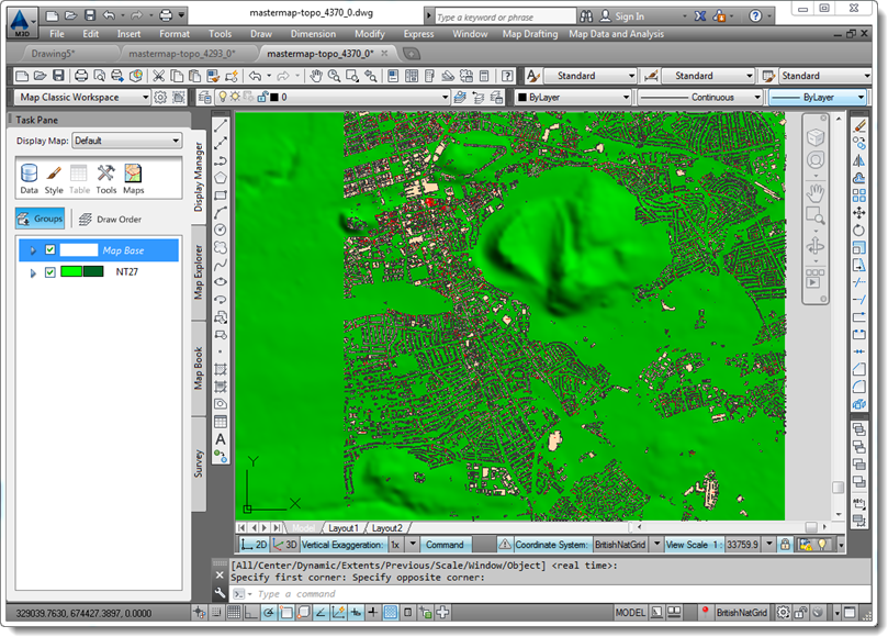 AutoCAD window displaying DTM and topographic data