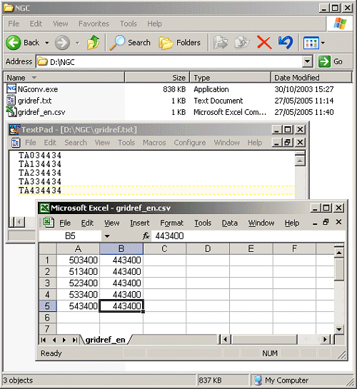 Figure 3: Dragging and dropping the gridref.txt icon on the NGconv.exe icon will create the gridref_en.csv file.