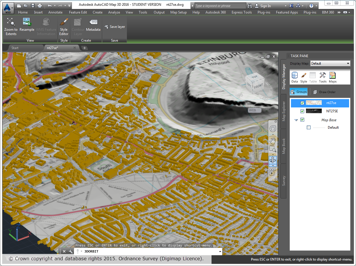 OS VectorMap® Local Raster draped on top of OS Terrain™ 5 with buildings from OS MasterMap® Topography Layer on top.