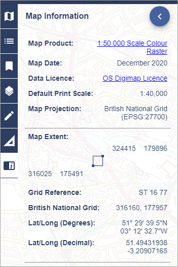 Map information panel in Digimap mapping