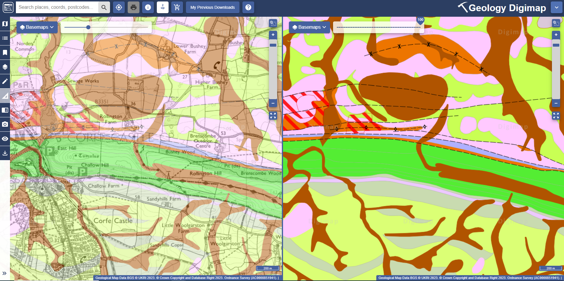 comparison of two geological maps with different opacity