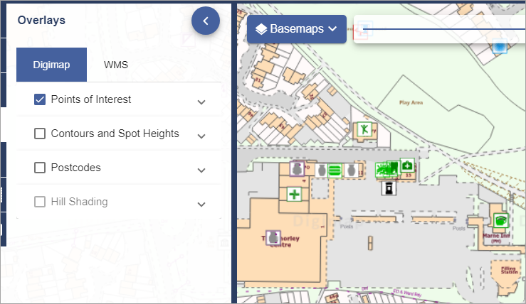 OS Digimap Overlays menu.