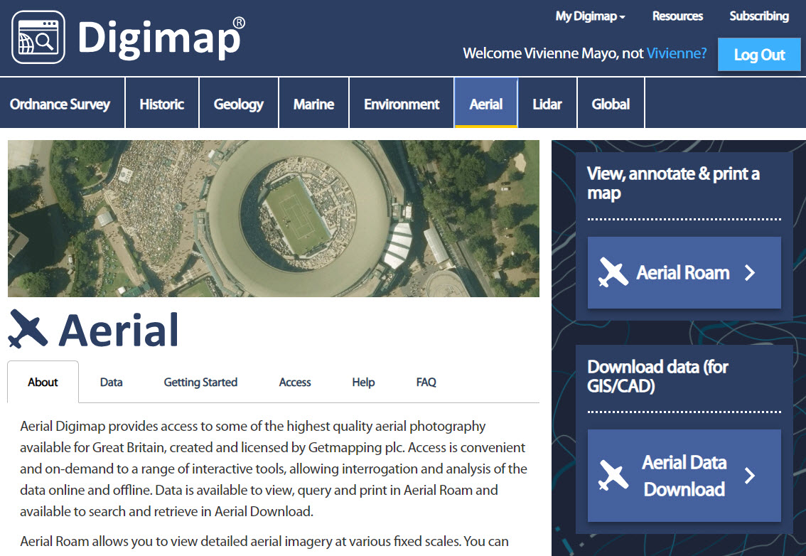 Aerial Digimap page with download icon