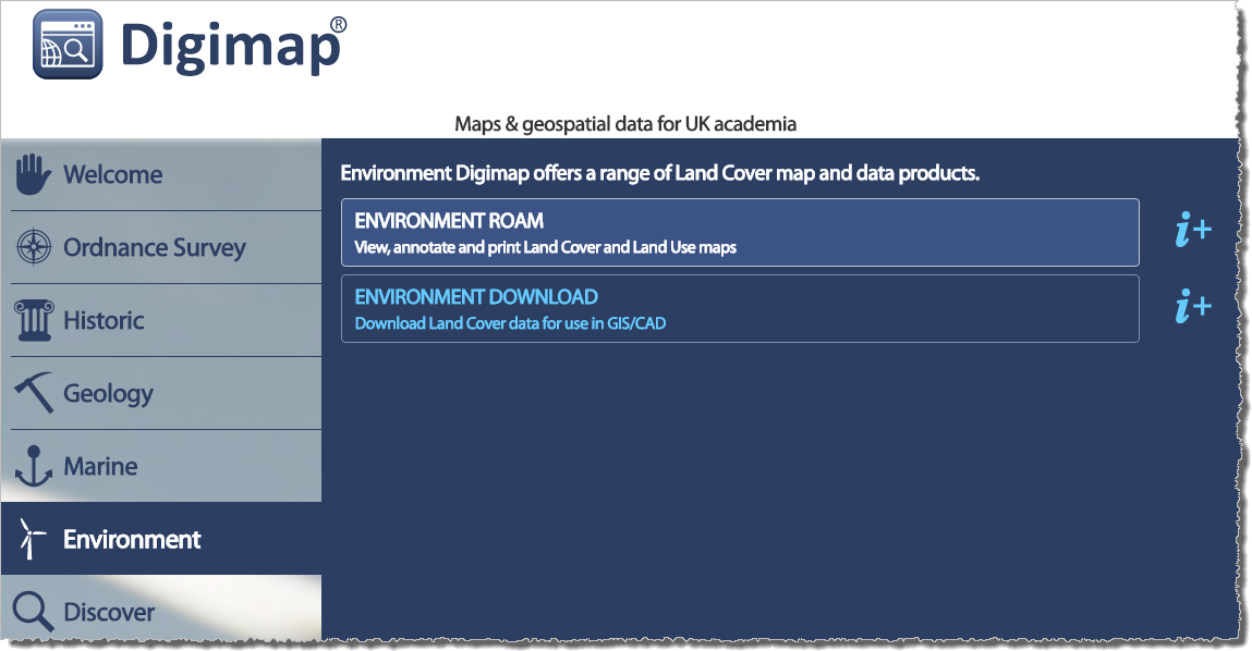 Digimap interface: Environment Roam