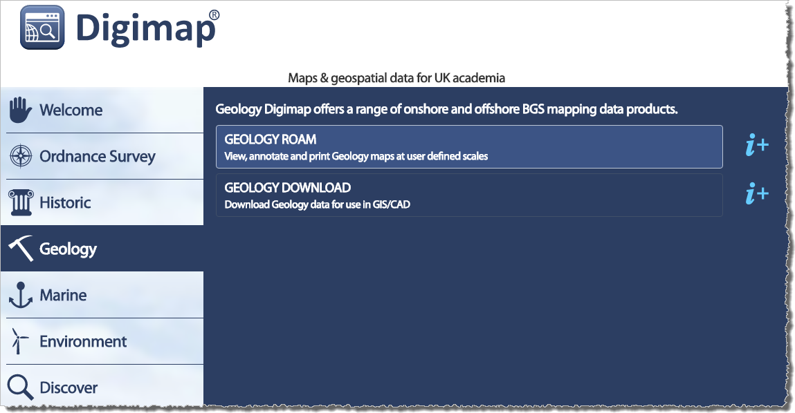 Digimap interface: Geology Roam