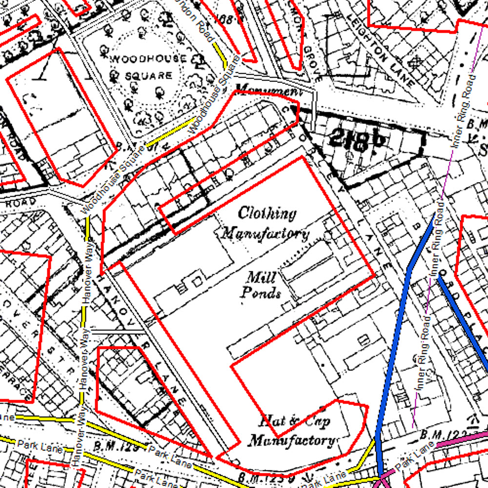 historic map with outlines of modern buildings